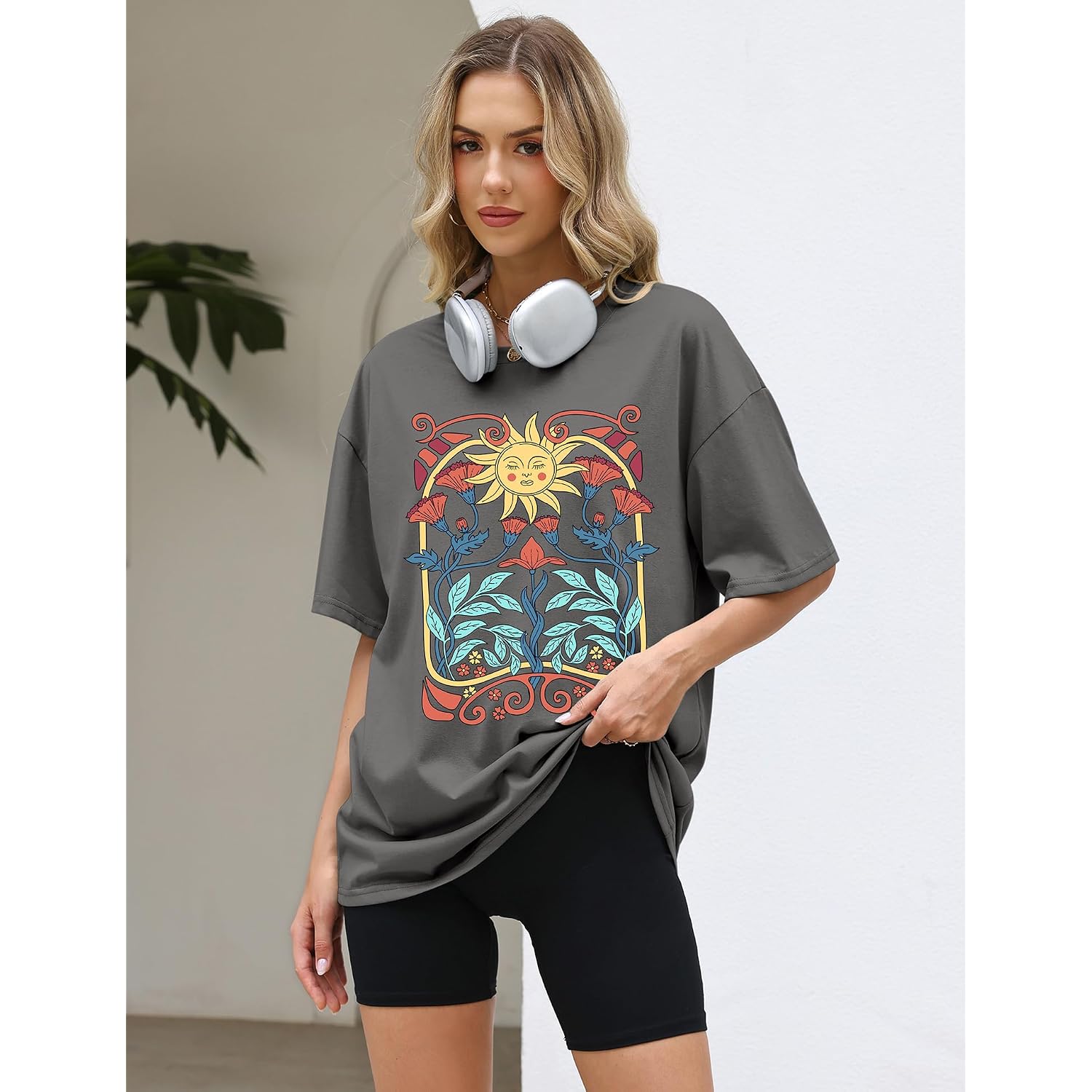 Lomon Oversized Graphic T Shirts For Women Short Sleeve Crewneck Summer Tops Loose Casual Basic Tees