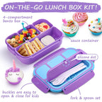 Qqko Bento Lunch Box For Kids Girls Boys, Toddler Kids Lunch Boxes For School, Lunch Containers For Adults With 4 Compartments, Sauce Container, Utensils, Food Picks And Muffin Cups, Purple