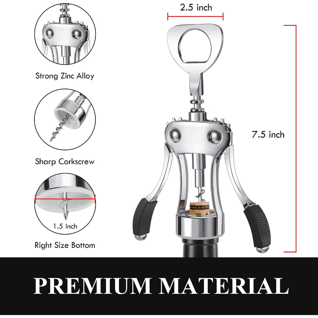 Wine Opener, Heavy-Duty Zinc Alloy Wing Corkscrew, Premium Beer Bottle Opener, Multifunctional Wine Accessories With Ergonomic Handle And Sharp Screw, For Kitchen, Bar, Restaurant (Silver)