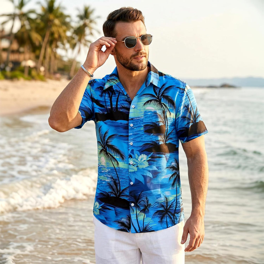 Mens Hawaiian Shirts Tops Short Sleeve Floral Button Down Beach Shirt Vintage Tropical Palm Summer Lightweight Blouses Male