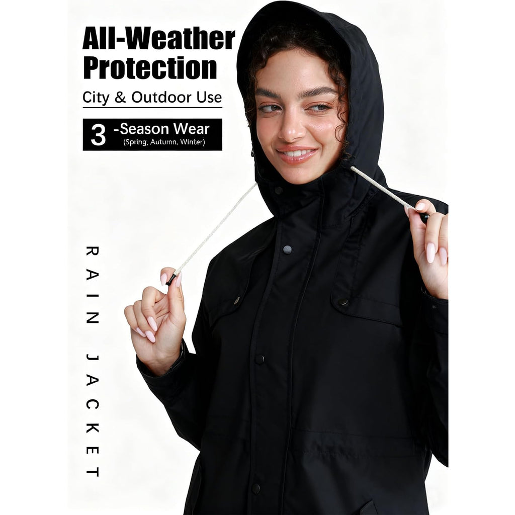 Womens Rain Jacket For Heavy Rain Waterproof Long Hooded Raincoats Outdoor Lined Raincoat S-Xxl