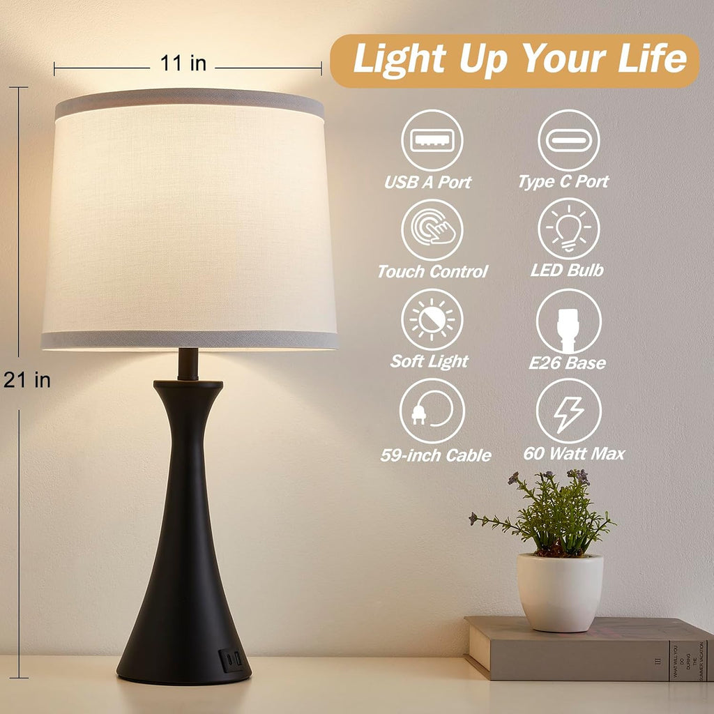 Touch Lamp For Living Room Bedroom, 21" Table Lamps Set Of 2 With Usb C+A Ports And White Lamp Shades, Touch Bedside Lamps For Nightstand With 3 Way Dimmable, 2 Led Bulbs Included