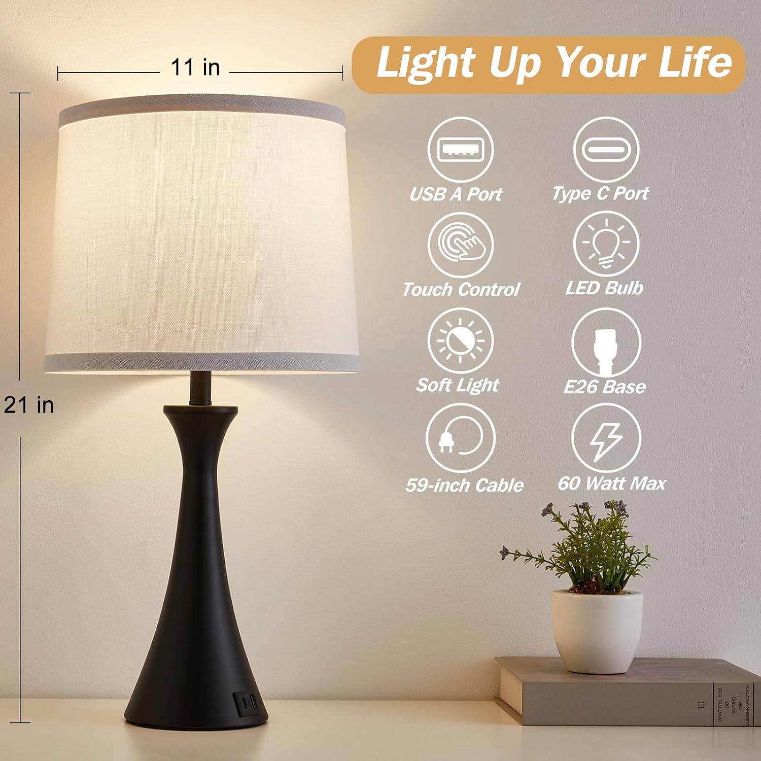 Touch Lamp For Living Room Bedroom, 21" Table Lamps Set Of 2 With Usb C+A Ports And White Lamp Shades, Touch Bedside Lamps For Nightstand With 3 Way Dimmable, 2 Led Bulbs Included