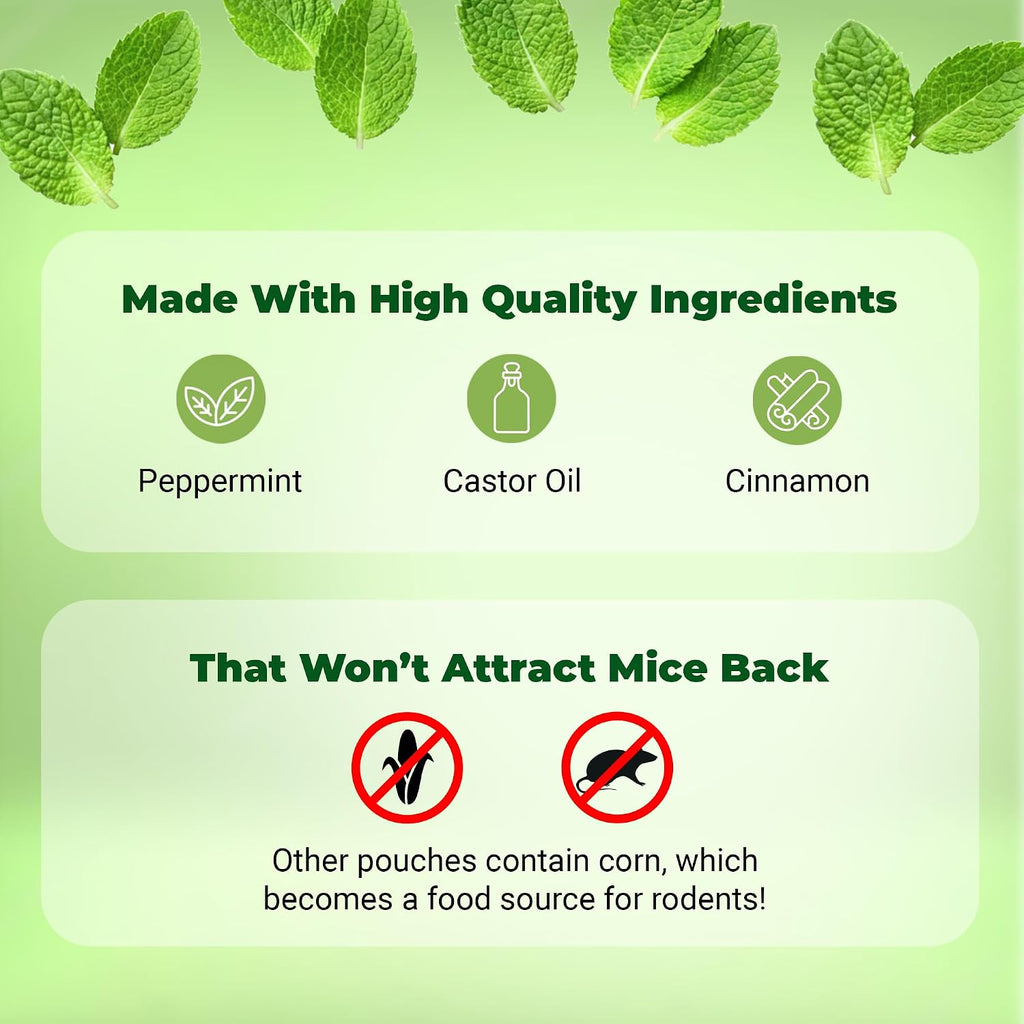 Mighty Mint Mouse Repellent Pouches – Peppermint, Castor Oil & Cinnamon Formula – Natural Indoor Deterrent For Mice And Rodents – Plant-Based, Long-Lasting Protection – 12 Count