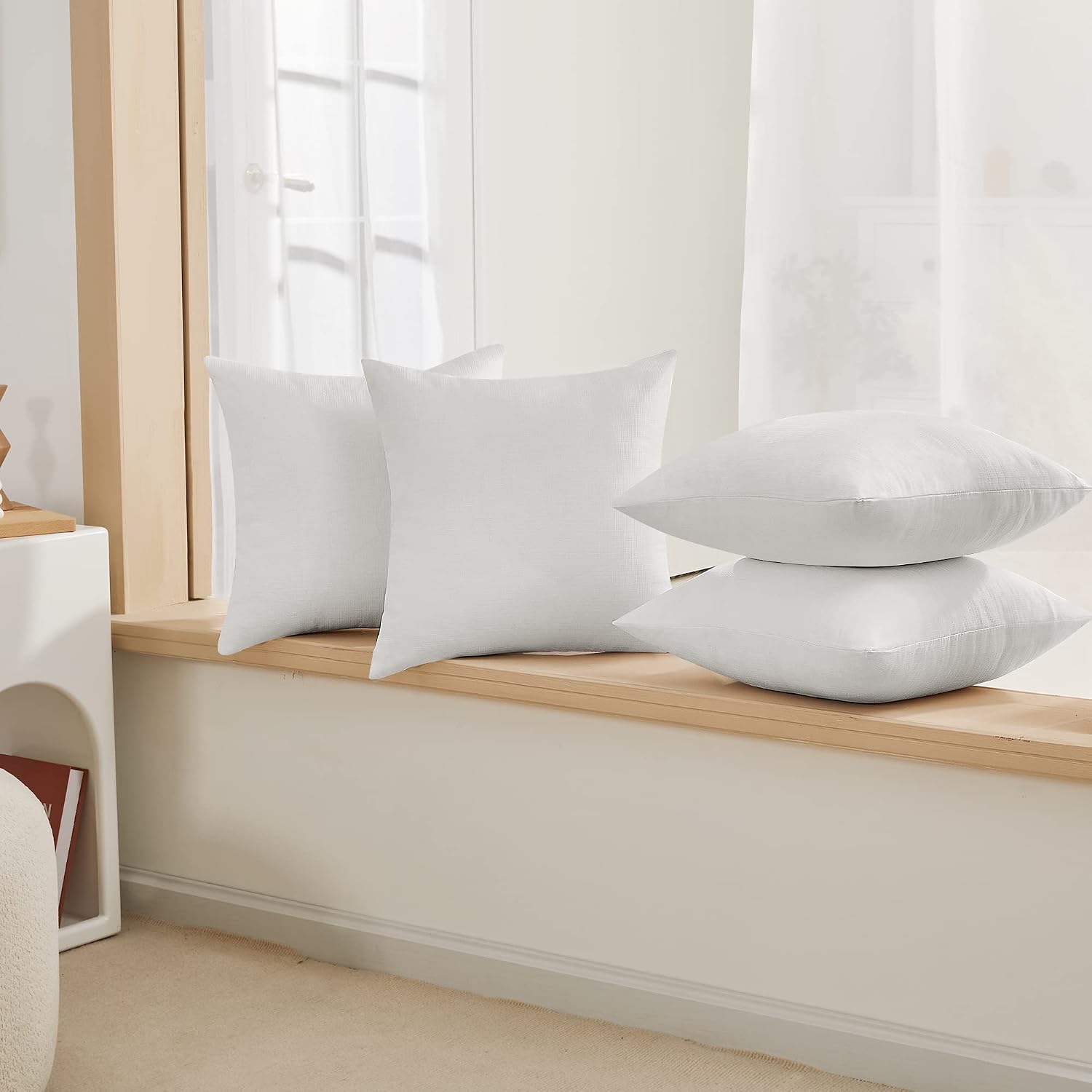 Deconovo Throw Pillow Covers 18 X 18 Inch Set Of 4, Covers Only No Insert, Faux Linen Decorative Square Pillowcases With Hidden Zipper For Couch Sofa Bed Living Room, Natural White (Warm Off-White)