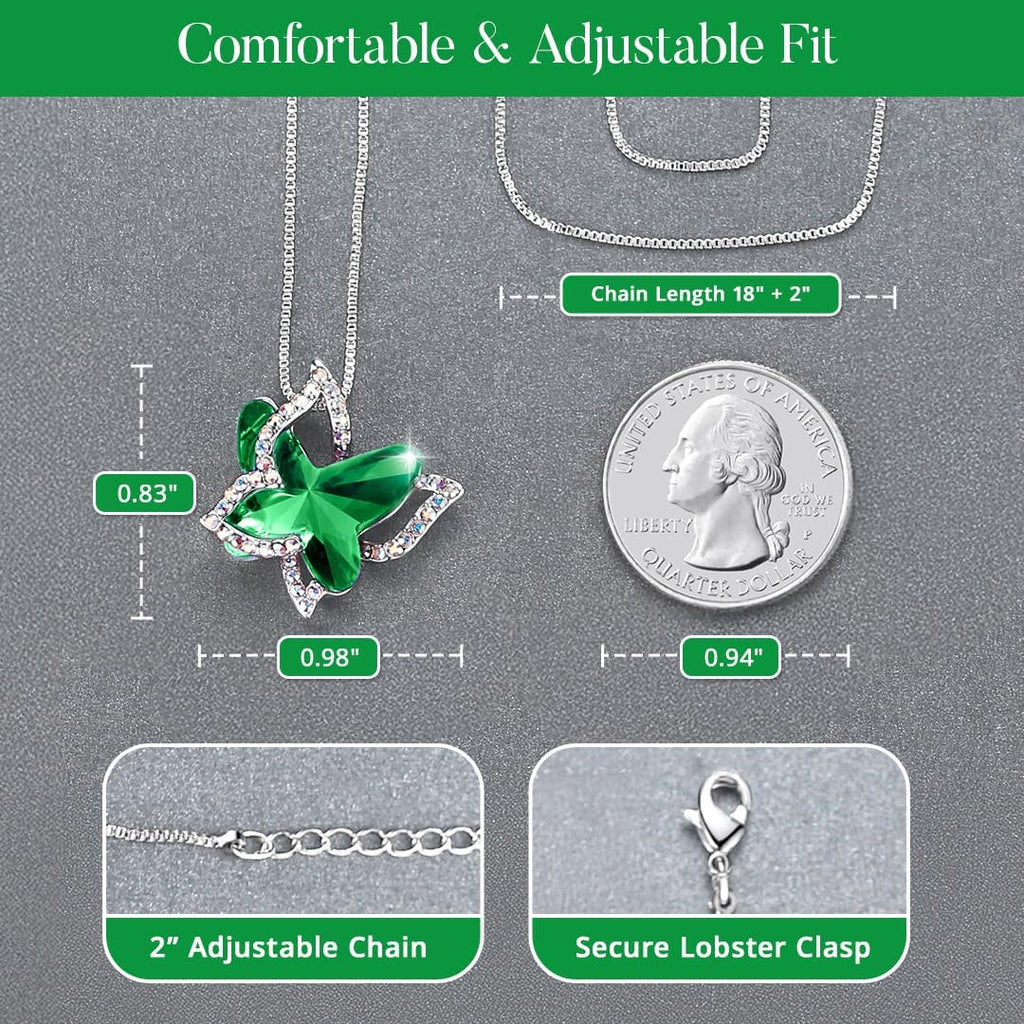 Butterfly Birthstone Crystal Necklace Mother's Day Present for Women Silver Tone Pendant Jewelry Made with Austrian Crystals Anniversary Birthday Gift 18"+2"