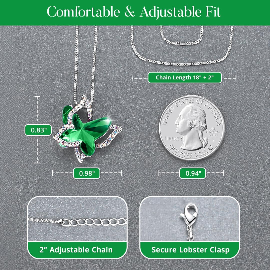 Butterfly Birthstone Crystal Necklace Mother's Day Present for Women Silver Tone Pendant Jewelry Made with Austrian Crystals Anniversary Birthday Gift 18"+2"