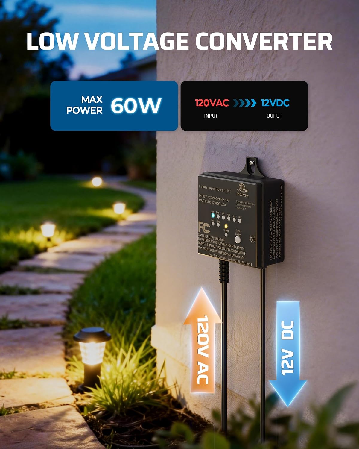Dewenwils 60W 120V Low Voltage Transformer Outdoor，120V Ac To 12V Dc | Timer & Photocell Sensor, Weatherproof Led Landscape Lighting, Spotlight, Pathway Light, Etl Listed