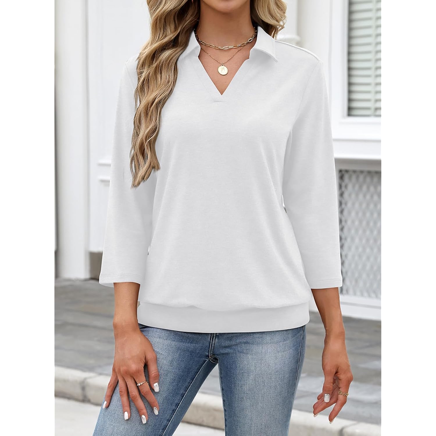 Ticticmiss Womens Polo Shirts 3/4 Sleeve Banded Bottom Tops Business Casual Tops Collared V Neck Blouses
