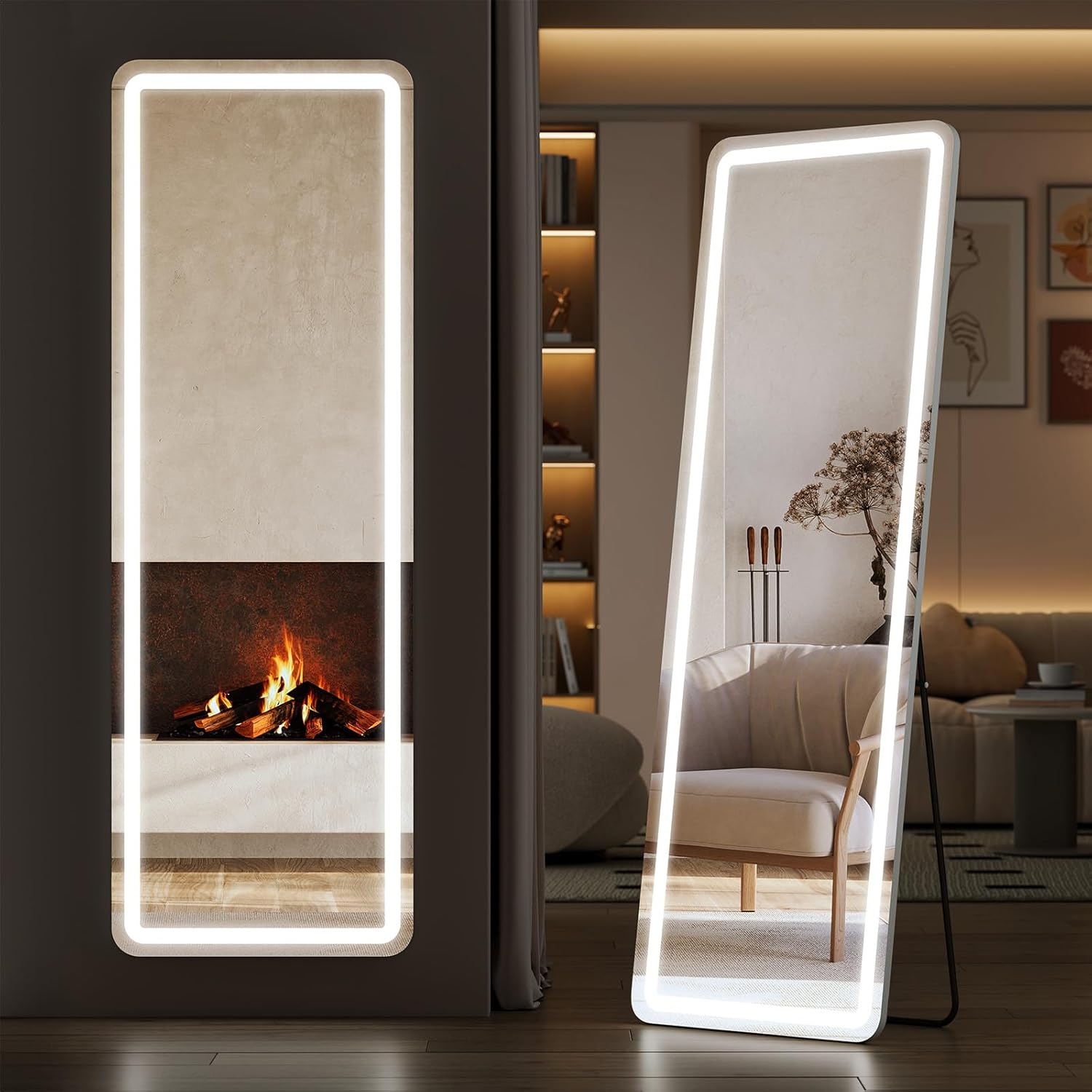 Sweetcrispy Full Length Mirror with LED Lights, 65"x21" Lighted Full Body Floor Mirror with Dimming & 3 Color Lighting, Stand for Bedroom, Dressing Room, White
