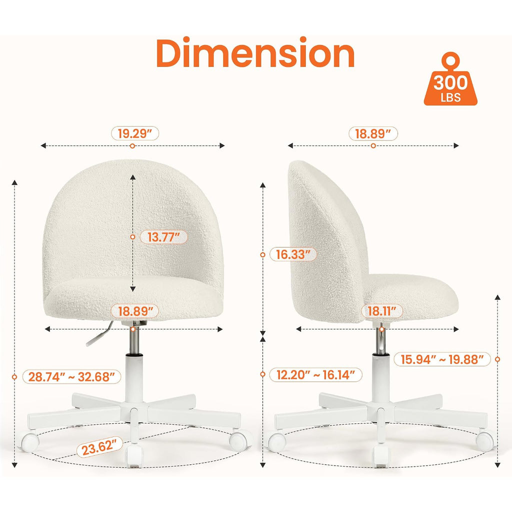 Neo Chair Office Vanity Chair With Wheels Comfy Desk Chair For Girls Cute Computer Small Armless Adjustable Height Swivel For Home Bedroom Task (White)