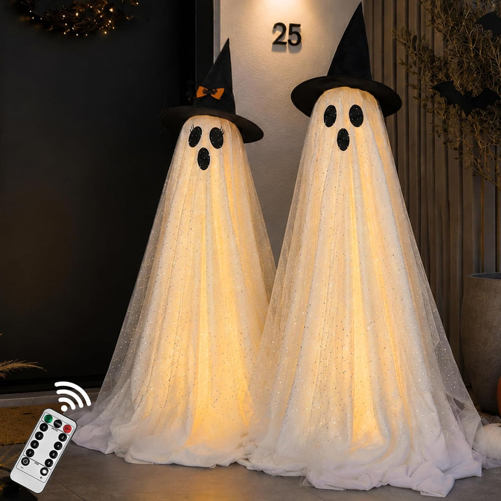 2Packs Halloween Decorations Outdoor,Halloweens Party Decoration Indoor,Spooky Ghost With Remote Control String Lights,Halloween-Ghost Lights For Porches Yards Gardens Lawn