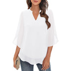 Womens Tops Dressy Casual Ruffle 3/4 Sleeve V Neck Double Layers Chiffon Blouses Tops