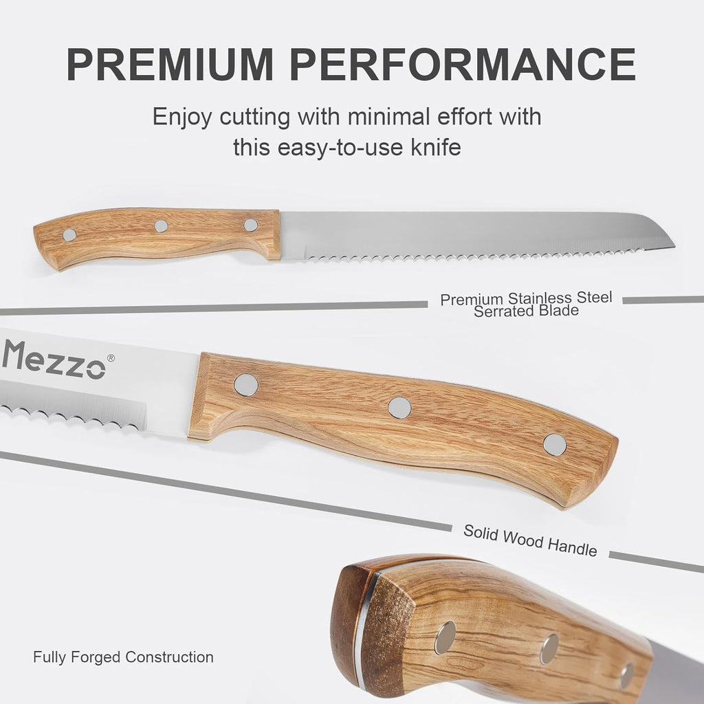 Mezzo Serrated Bread Knife for Homemade Bread, High Carbon Steel Sourdough Knife Cutter for Slicing Bread, Bagels & Cake, Razor Sharp Premium 8-Inch Bread Cutting Knives with Gift Box