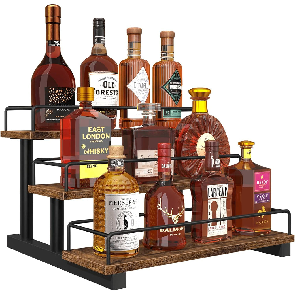 Liquor Bottle Display Shelf, Coffee Syrup Rack Organizer, 3 Tier Wine Rack Countertop, Home Retro Bar Shelf Stand Holder For Liquor Whiskey Spirits, Mini Bar, Liquor Cabinet, Rustic Brown