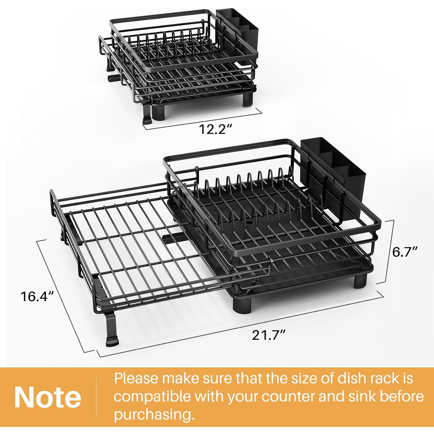 SNTD Dish Drying Rack - Extendable Dish Rack, Large Sink Drying Dish Drainer for Kitchen Counter, Stainless Steel Dish Strainer with Utensil Holder (Black)