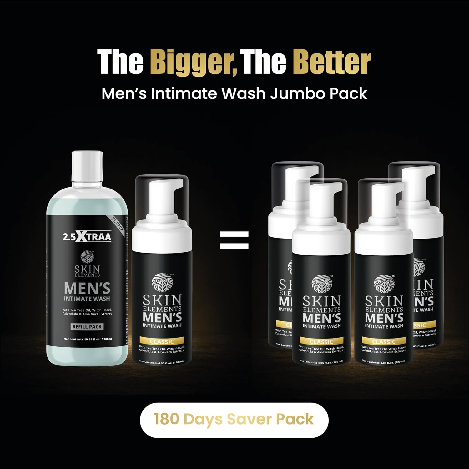 Skin Elements Men'S Intimate Wash Jumbo Pack | With Refill | For 180 Days | 14.2 Fl. Oz | Ph Balanced Hygiene Foaming Wash | Controls Bad Odor | Tea Tree Oil | Super Saver Pack |