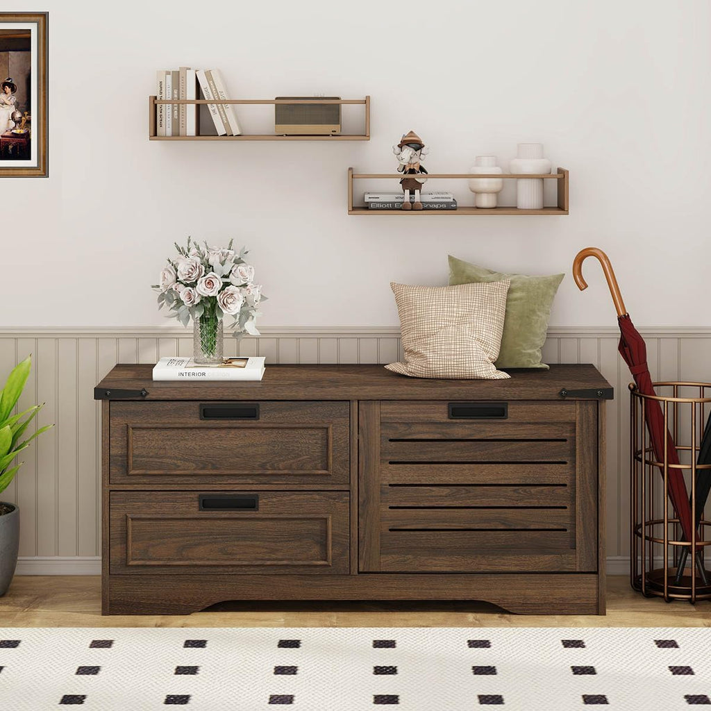 Bench With Shoe Storage For Entryway, Wooden Shoe Benches With Flip Door And Drawers, Entry Way Shoes Organizer Cabinet For Living Room Mudroom (Dark Walnut)