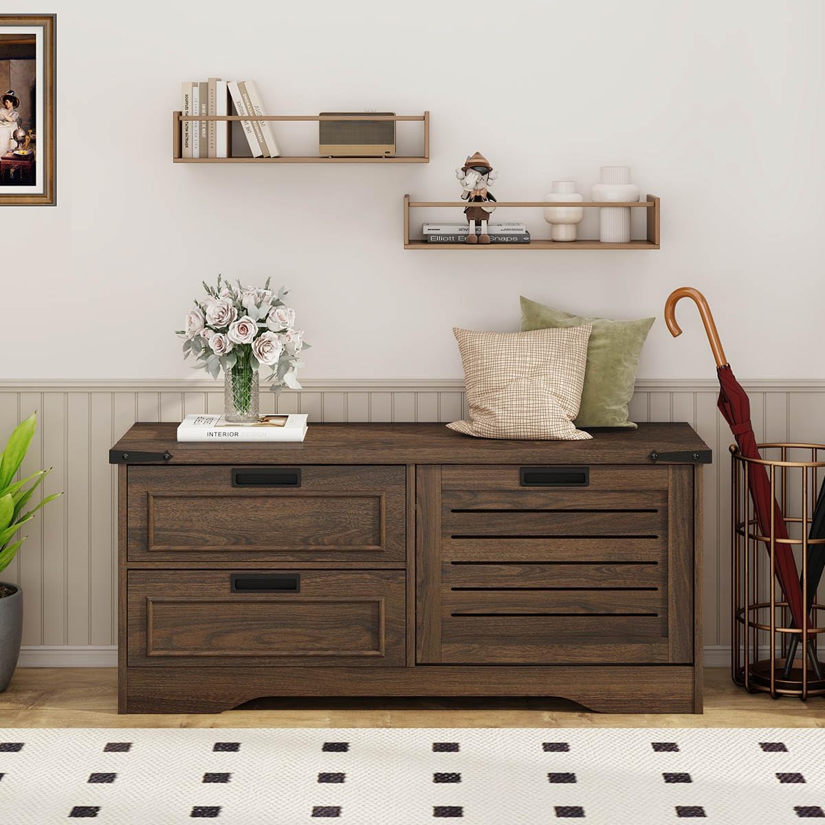 Bench With Shoe Storage For Entryway, Wooden Shoe Benches With Flip Door And Drawers, Entry Way Shoes Organizer Cabinet For Living Room Mudroom (Dark Walnut)