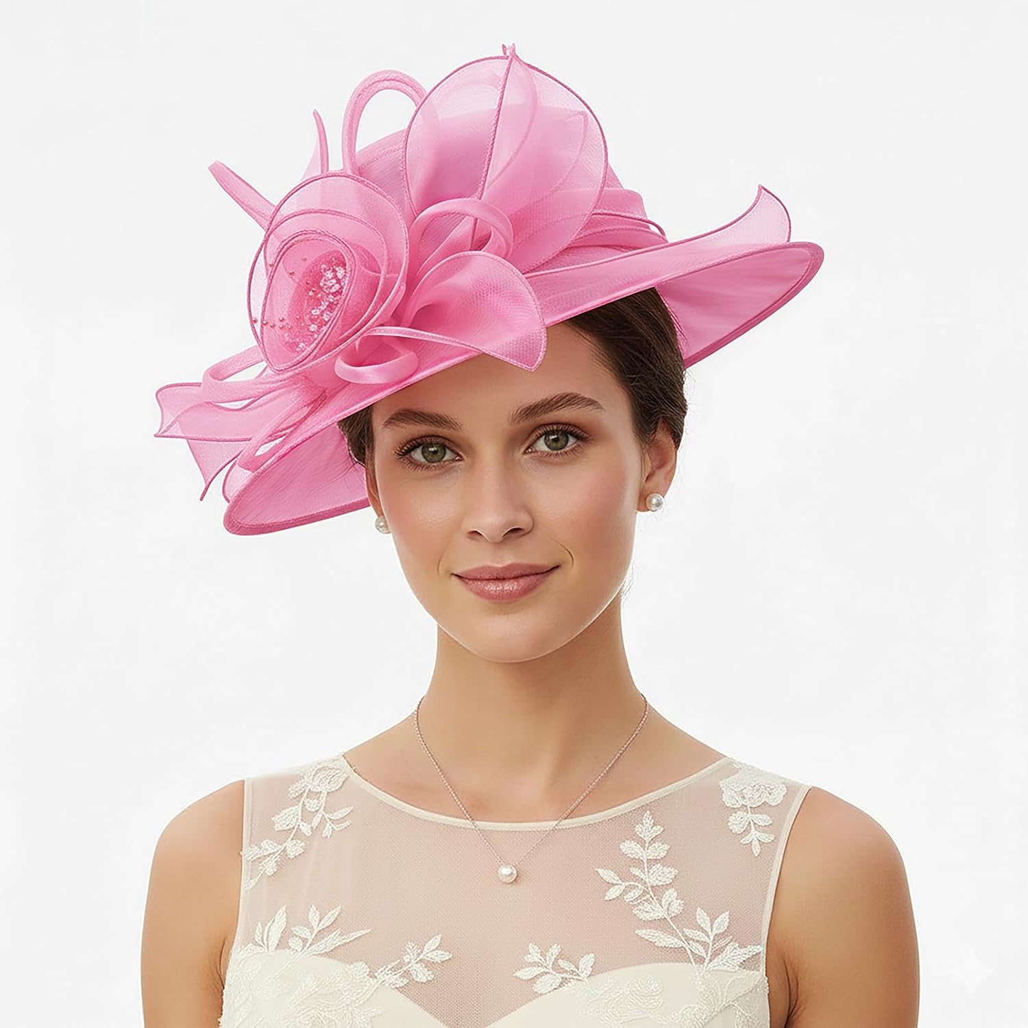 DRESHOW Women Organza Hat Church Cap Hats Clearance Kentucky Derby Cocktail Tea Party Wedding Flower Hat with Wide Brim Flower Hat: Pink