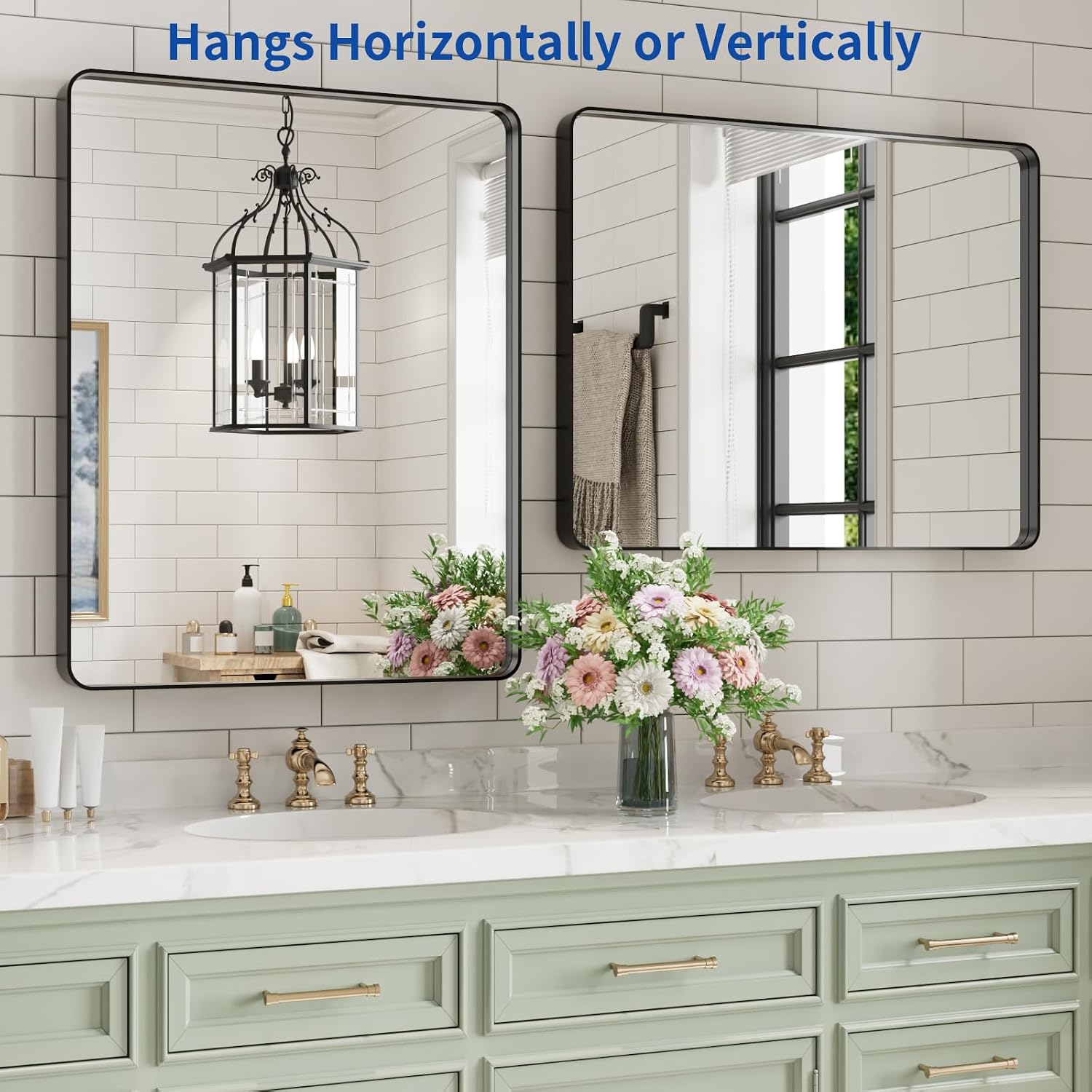 Weer Black Bathroom Vanity Mirror 20X28 Inch, Rounded Rectangle Black Metal Framed Mirror For Over Sink Wall, Farmhouse Matte Black Mirror, Tempered Glass, Anti-Rust, Hangs Horizontal Or Vertical
