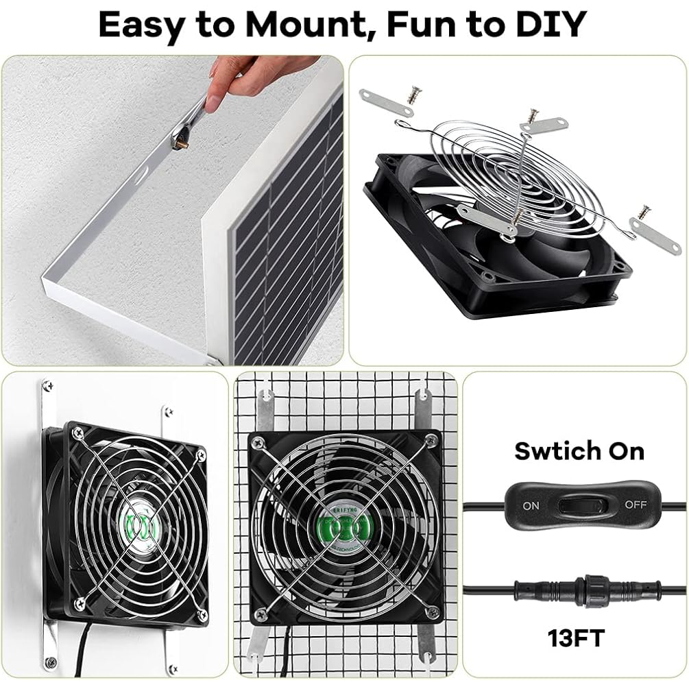 Solar Powered Fan, Solar Fan For Shed, Chicken Coop, Greenhouse, Outside With Two Ipx7 Waterproof 5In Fans 13Ft On/Off Switch Cable Exhaust Intake Mounting Way And Installation Kits