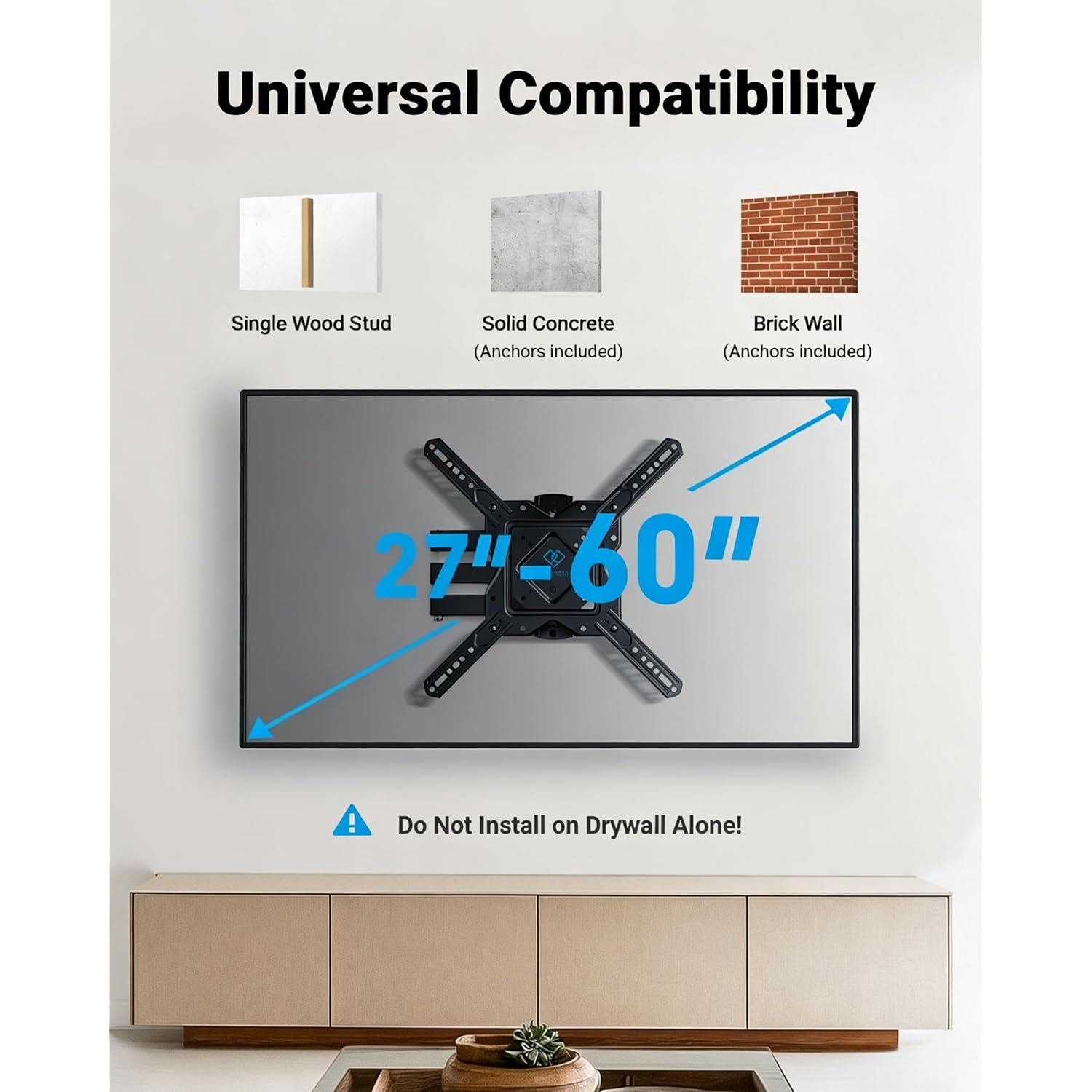 Perlesmith Full Motion Tv Wall Mount For 27-60 Inch Flat & Curved Tvs, Single Stud Tv Mount With Articulating Swivel Tilt - Wall Mount Tv Bracket Vesa 400X400Mm Up To 77 Lbs, Perfect Center Design