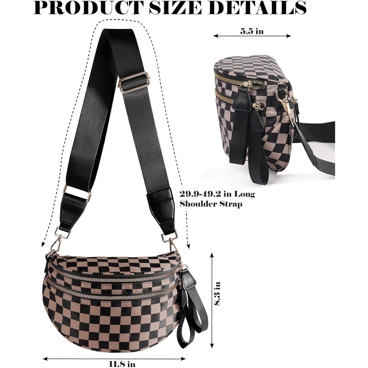 Black and White Checkered Crossbody Bag Bum Bag for Women,Spacious Checkered Purse Fanny Packs Belt Bag