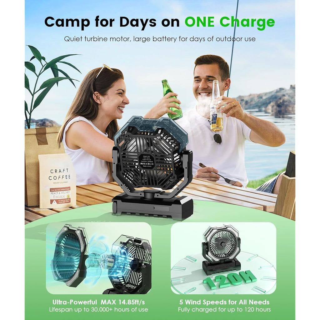 Camping Misting Fan - 24000Mah Portable Battery Powered Fans With 9Oz Water Tank, Light, Hook - Rechargeable, 120H Cooling, Last 5H Mist, 4 Speed, Sleep Mode - Outdoor Gear, Travel Essentials