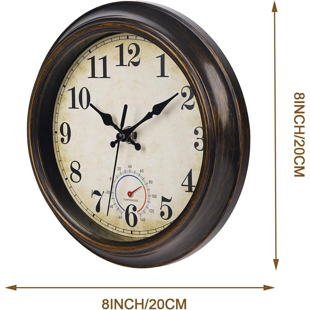 Outdoor Clocks Waterproof With Thermometer Combo Vintage Rustic Wall Clock For Patio Pool Bathroom Kitchen(8 Inch,Bronze)