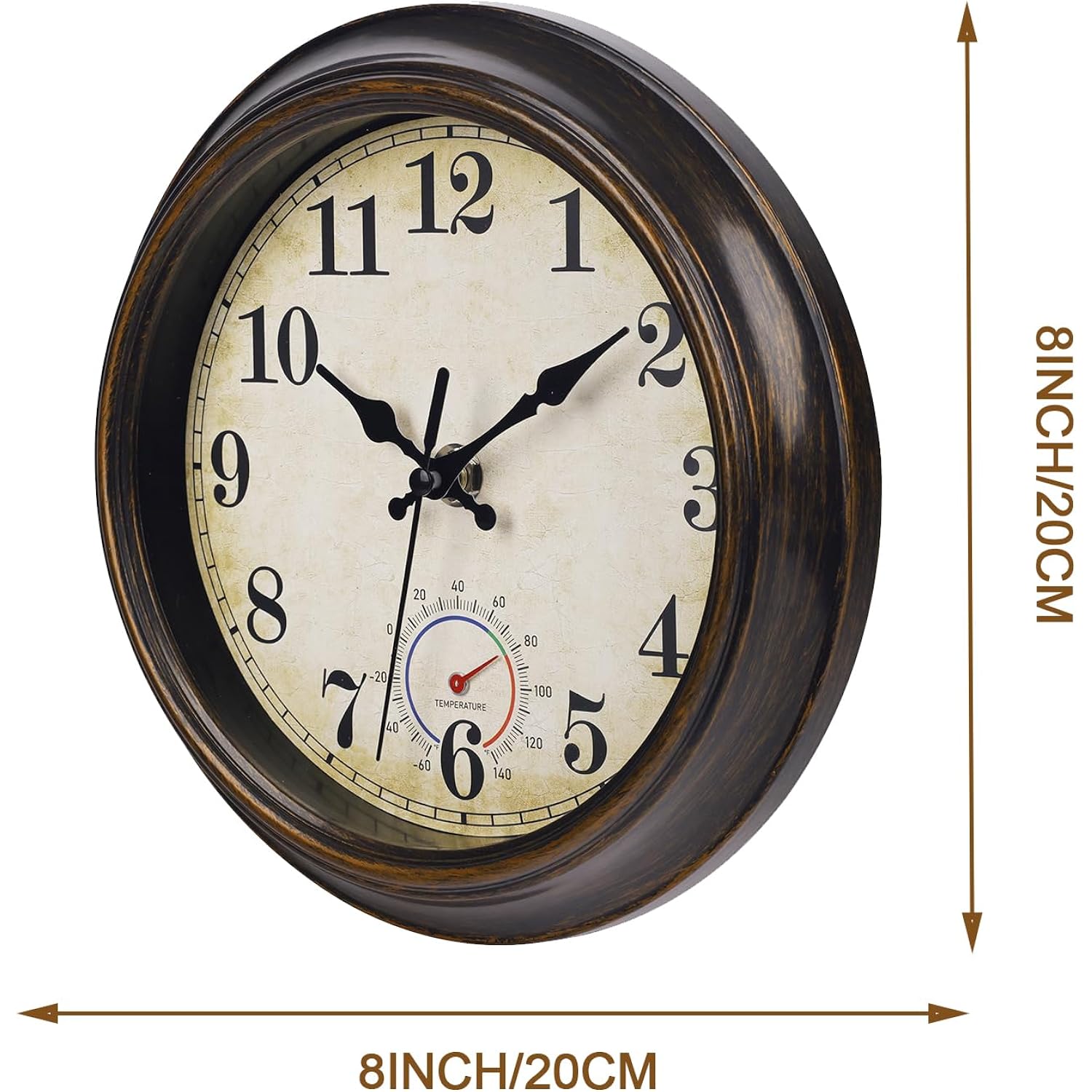 Outdoor Clocks Waterproof With Thermometer Combo Vintage Rustic Wall Clock For Patio Pool Bathroom Kitchen(8 Inch,Bronze)