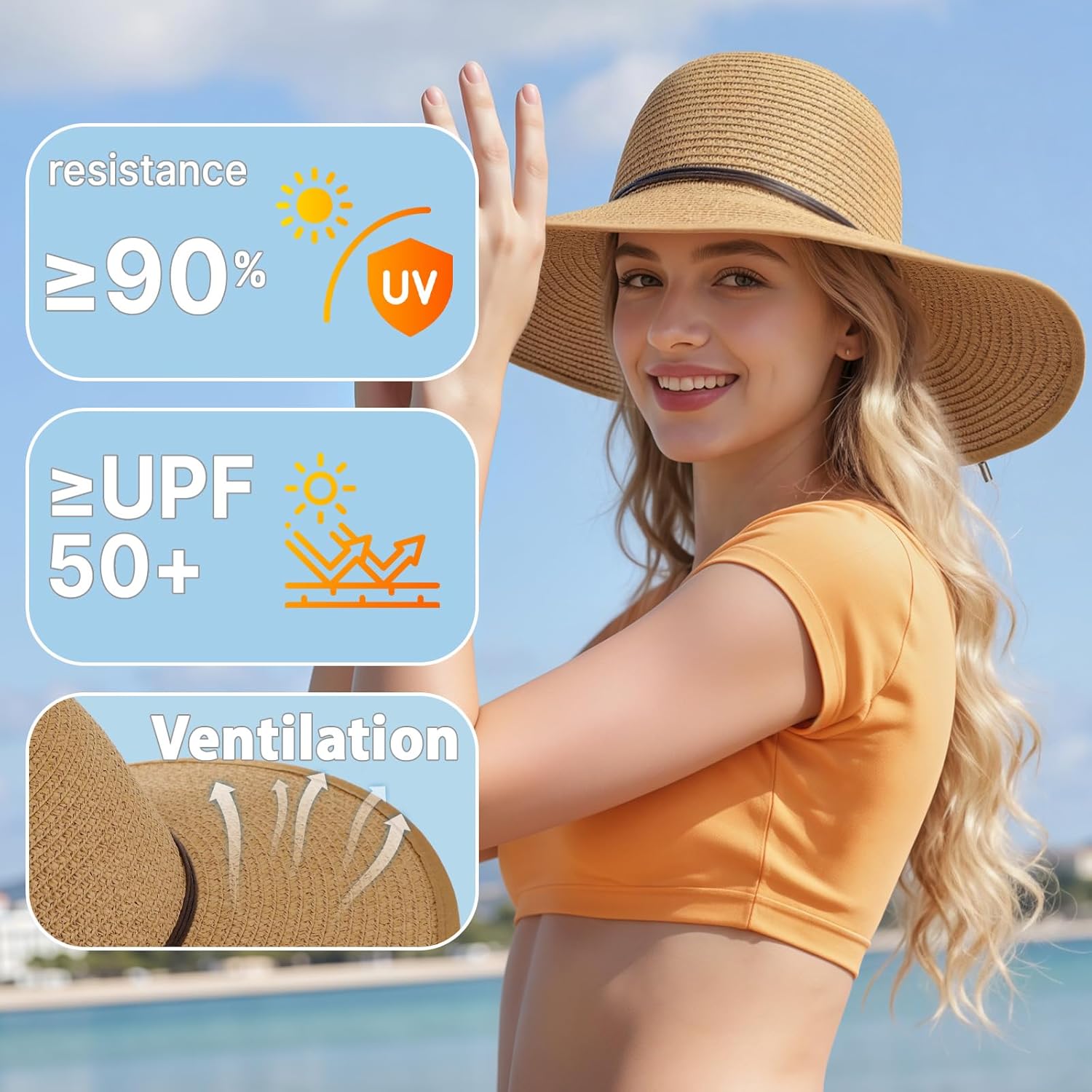 Sun Hats for Women, Straw Hats UPF 50+ Sun Protection, Wide Brim Womens Beach Hat for Summer Travel
