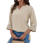 Lomon Womens 3/4 Sleeve V Neck Bohemian Blouses Casual Loose Fit Tunic Tops Vacation Clothes