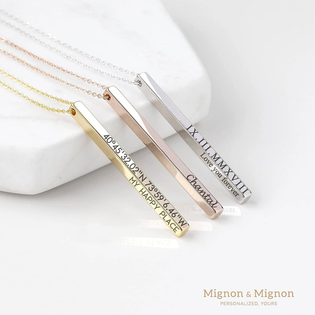 MignonandMignon 4 Sided Engraved Bar Necklace Personalized | Coordinates Name Necklace for Women Gold Silver | Custom Engraved Pendant Mom Gift Mothers Day Birthday