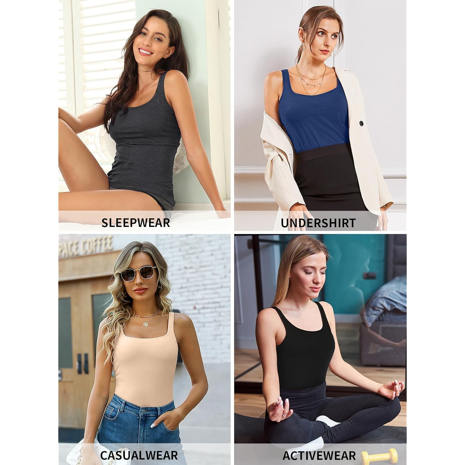Women's Cotton Tank Top with Shelf Bra Adjustable Wider Strap Camisole Basic Cami Tanks