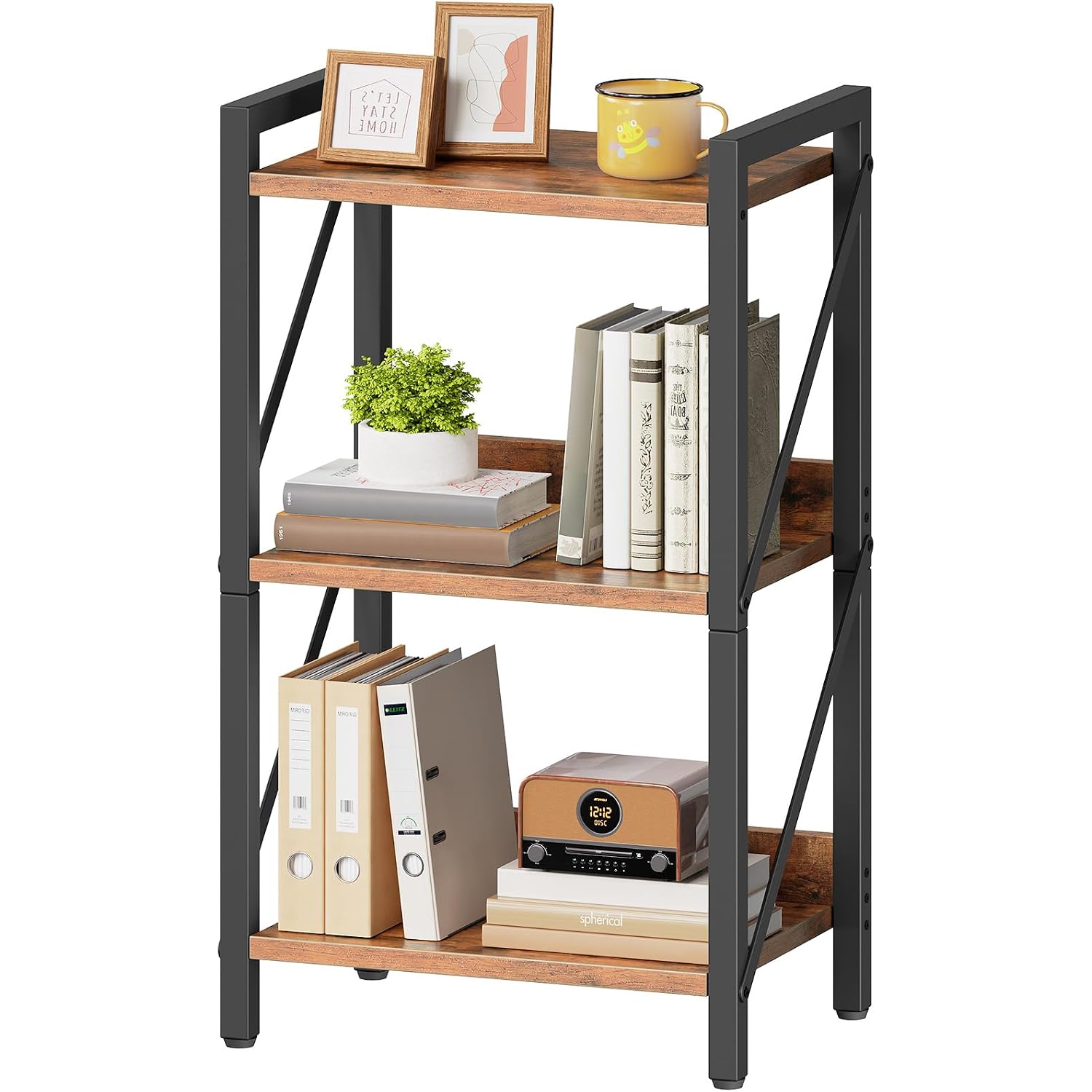 Hoobro Bookshelf, 3-Tier Industrial Bookcase, Book Shelf Storage Organizer, Small Bookshelf With Metal Frame For Living Room, Bedroom, Home Office, Kitchen, Rustic Brown And Black Bf71Sj01