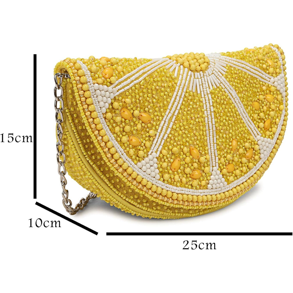 Longing To Buy Beaded Lemon Slice Clutch Purse, Yellow Evening Bag With Chain Strap, Novelty Fruit Design