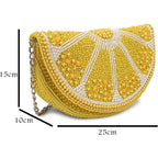 Longing To Buy Beaded Lemon Slice Clutch Purse, Yellow Evening Bag With Chain Strap, Novelty Fruit Design