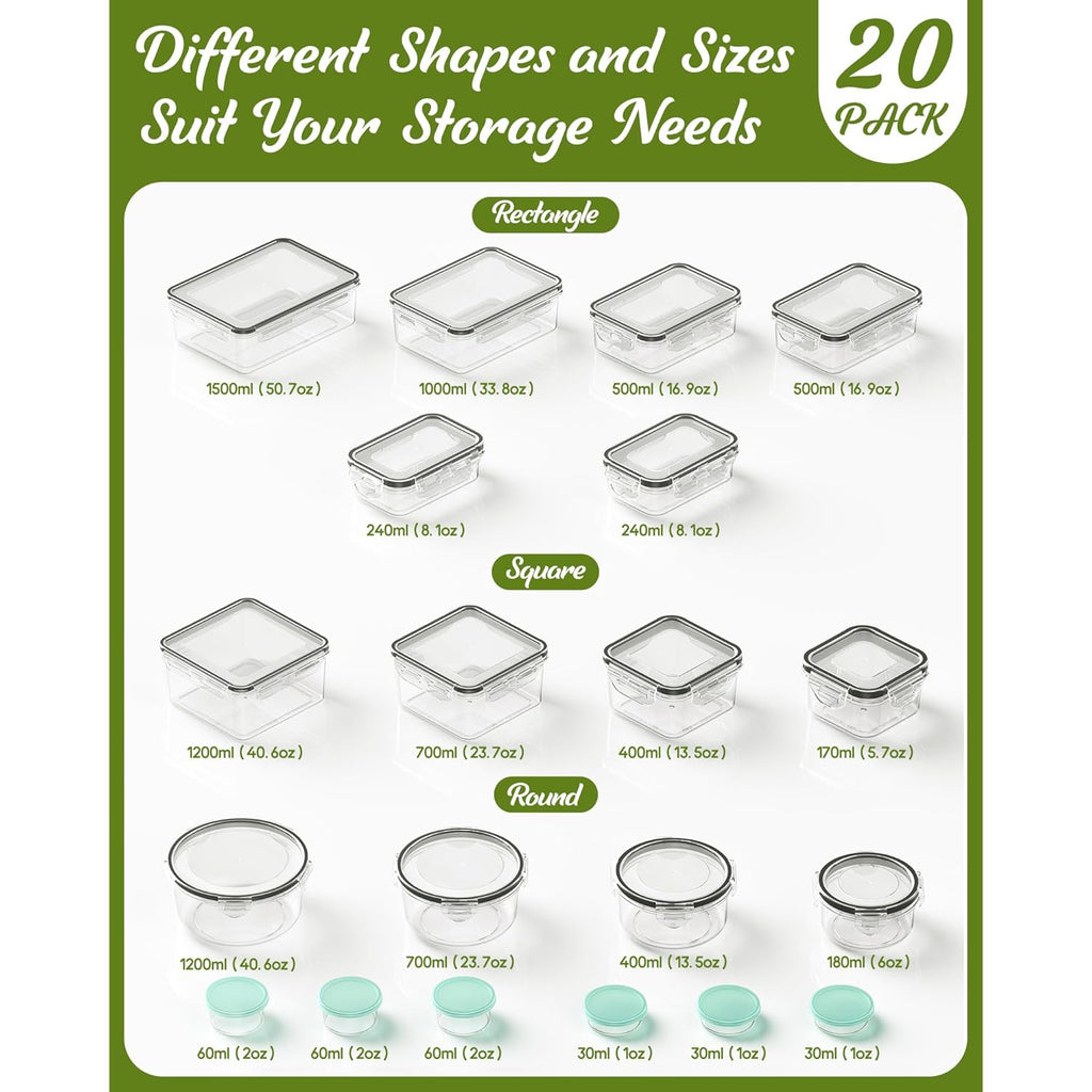 40 Piece Food Storage Containers with Lids(20 Containers & 20 Lids), BPA-Free Plastic Food Containers for Kitchen Storage and Organization, Leak Proof Meal Prep Container, Includes Labels & Pen