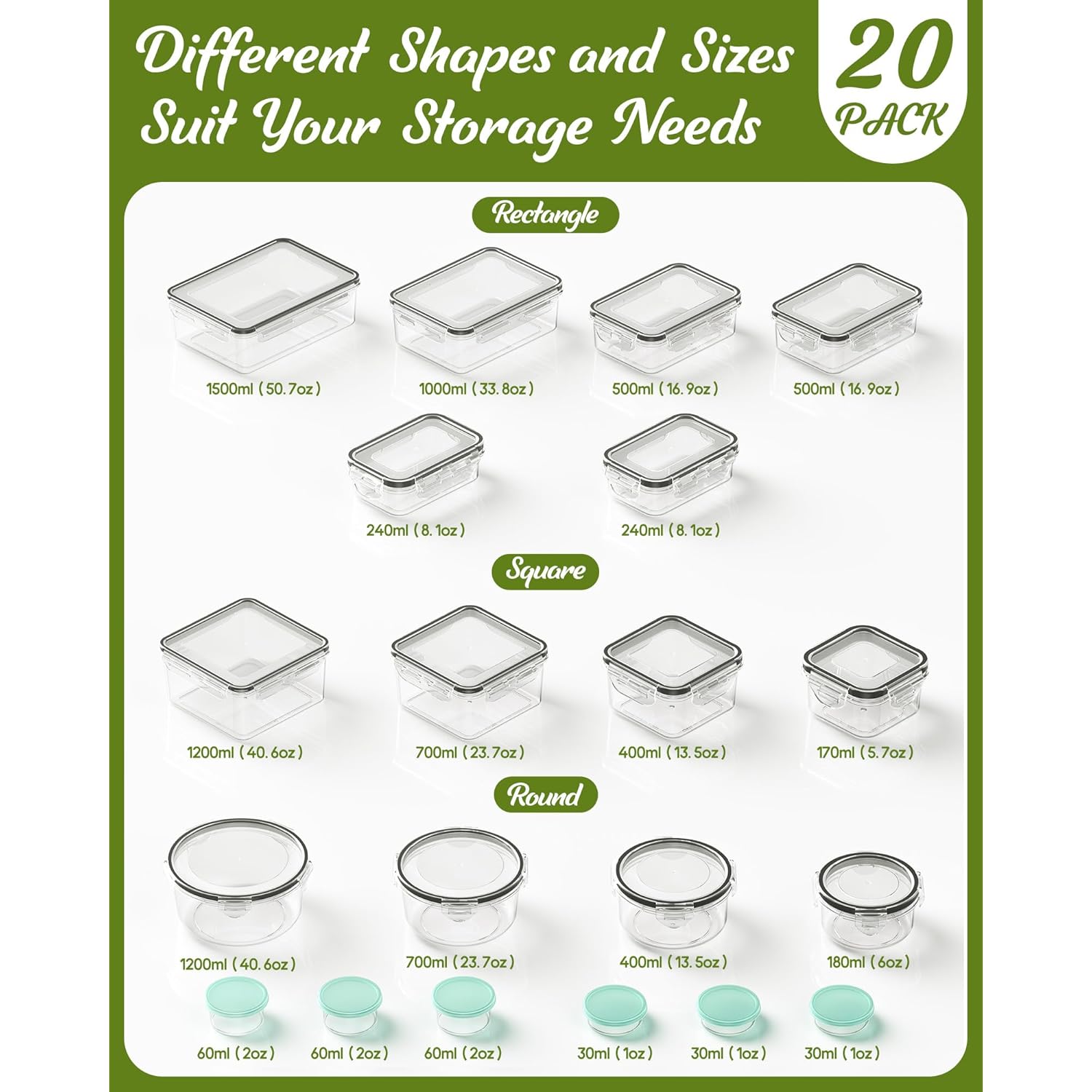40 Piece Food Storage Containers with Lids(20 Containers & 20 Lids), BPA-Free Plastic Food Containers for Kitchen Storage and Organization, Leak Proof Meal Prep Container, Includes Labels & Pen