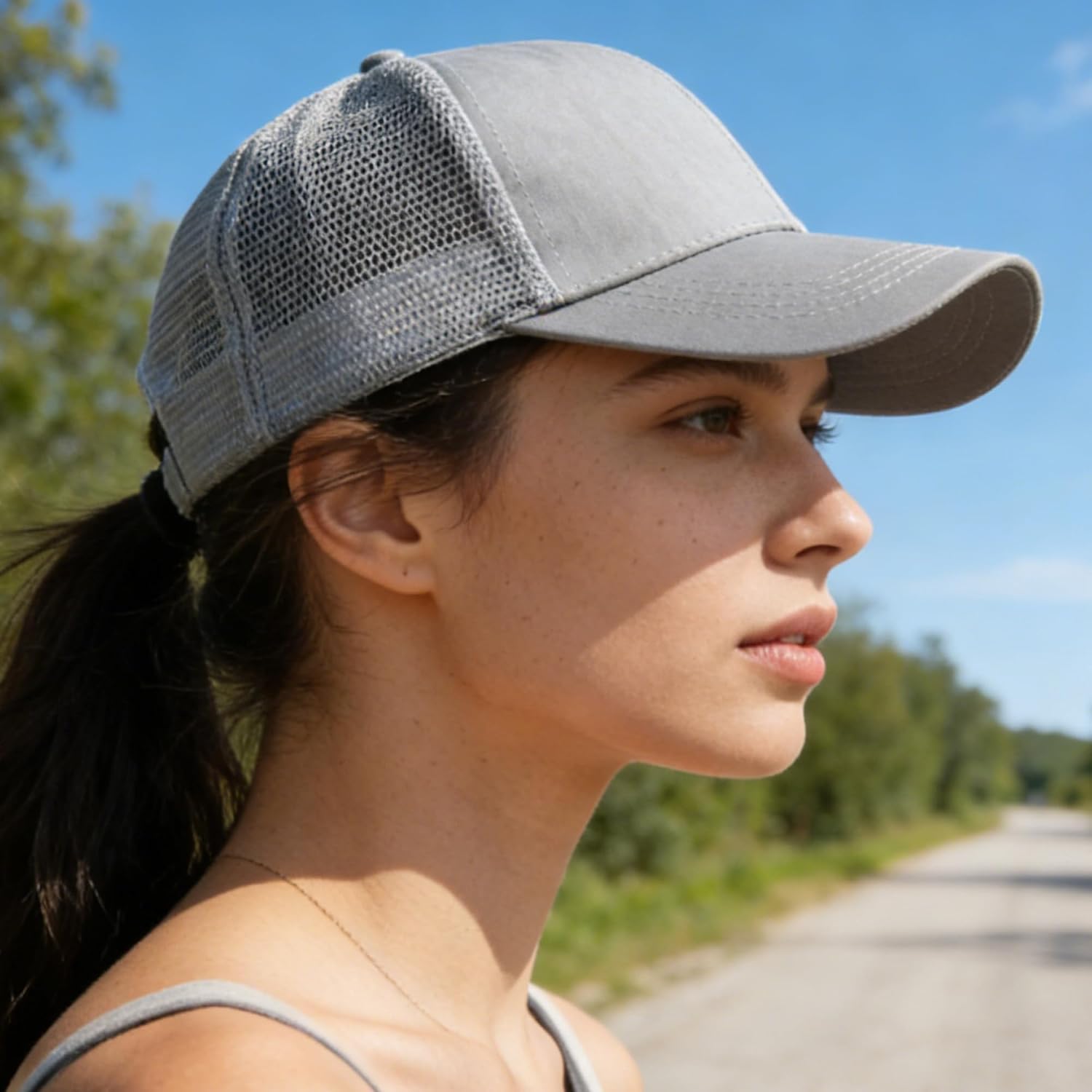 Izus Women'S Ponytail Hat Baseball Cap Mesh-Back High-Bun-Pony Summer-Spring-Caps 22-23 Inch