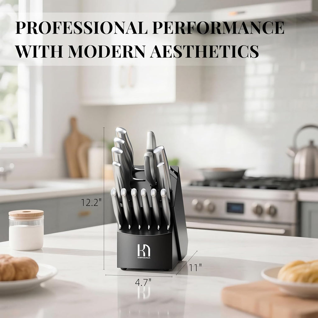 Knifesaga Knife Set Premium, Kitchen Knife Block Set 14 Pcs Japanese High Carbon Stainless Steel Enduring Razor Sharp, Black Chef Knives Set For Kitchen With Built-In Sharpener And Acacia Wood Block