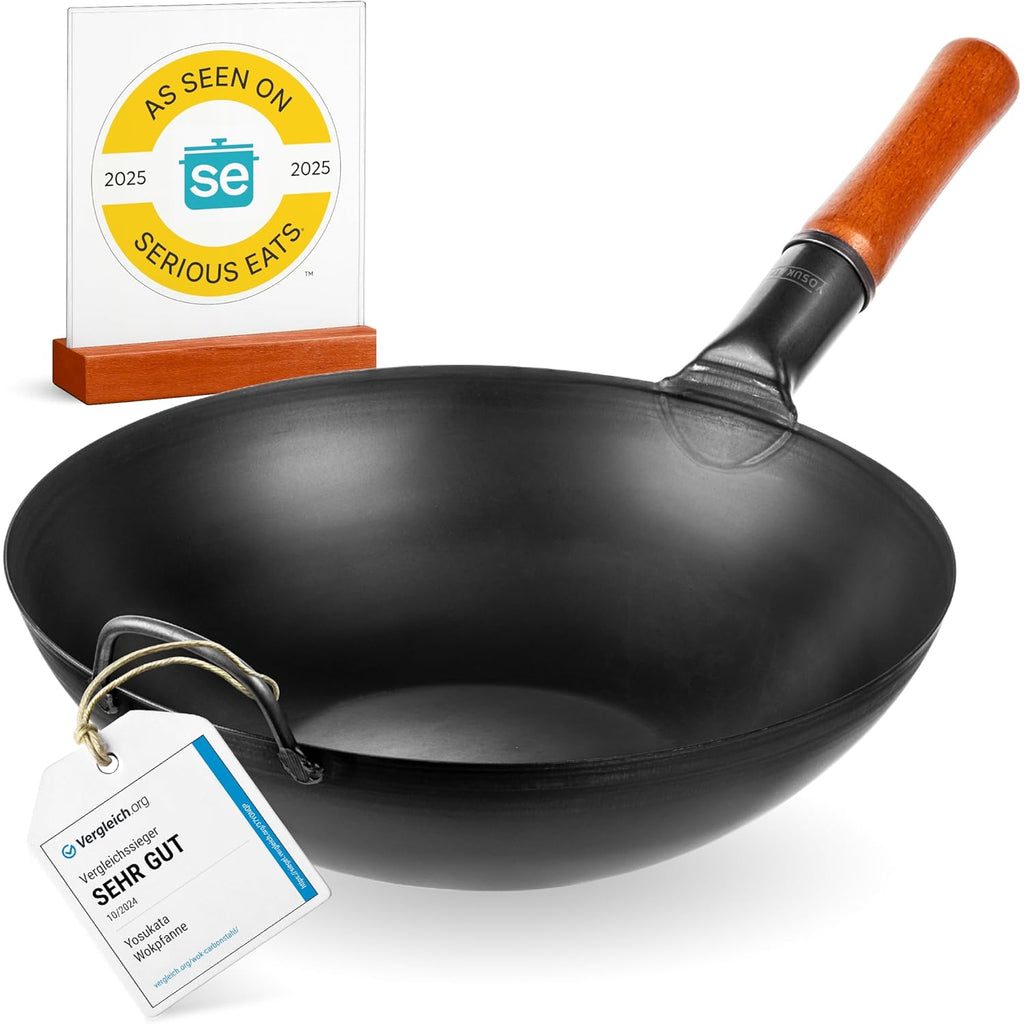 YOSUKATA 13.5" Carbon Steel Wok Pan – Pre-Seasoned Flat Bottom Pow Wok for Stir Fry, BBQ, Grill & Camping – Traditional Japanese Chinese Cookware – Compatible with Induction, Electric, Gas, Open Fire