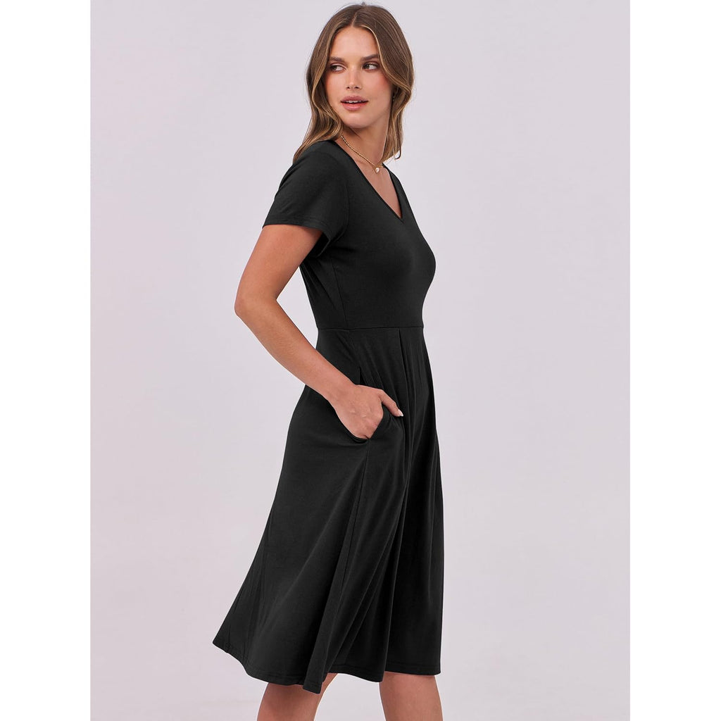 Women Summer Dress Casual Short Sleeve V Neck A-Line Knee Length Pleated Flowy 2026 Fashion Midi Dresses with Pocket