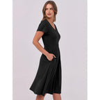 Women Summer Dress Casual Short Sleeve V Neck A-Line Knee Length Pleated Flowy 2026 Fashion Midi Dresses with Pocket