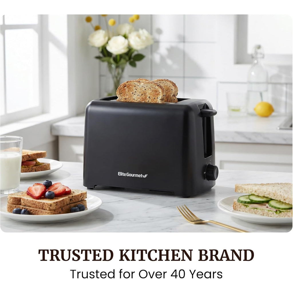 Elite Gourmet 2-Slice Cool Touch Toaster – 6 Browning Levels, Extra Wide 1.25” Slots for Bagels & Thick Bread, Cancel Function, Compact, ETL Certified, Black