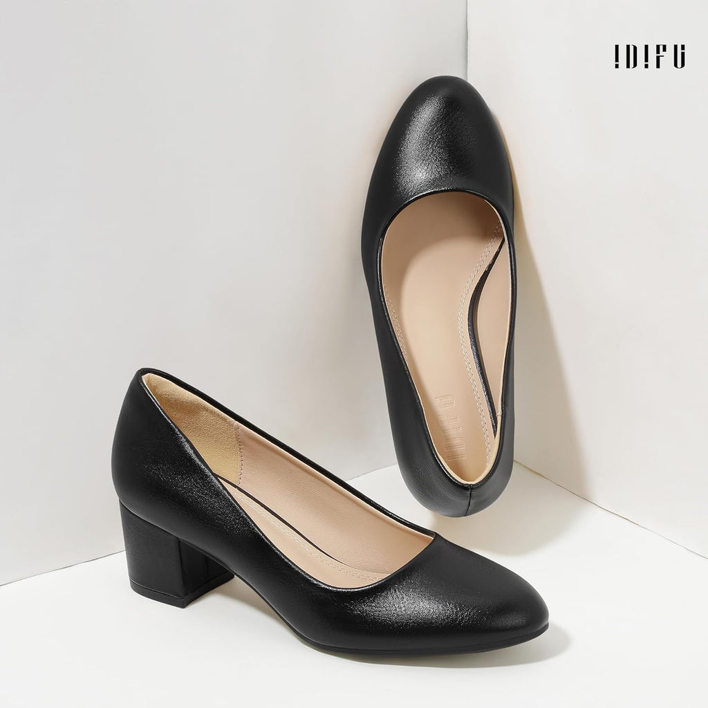 IDIFU IN2 Women's Pumps Closed Round Toe Low Block Chunky Heels Short Small Thick Heels Wedding Bridal Homecoming Work Prom Dress Shoes for Women Comfortable Cute Dressy Formal Classic Pumps Shoes