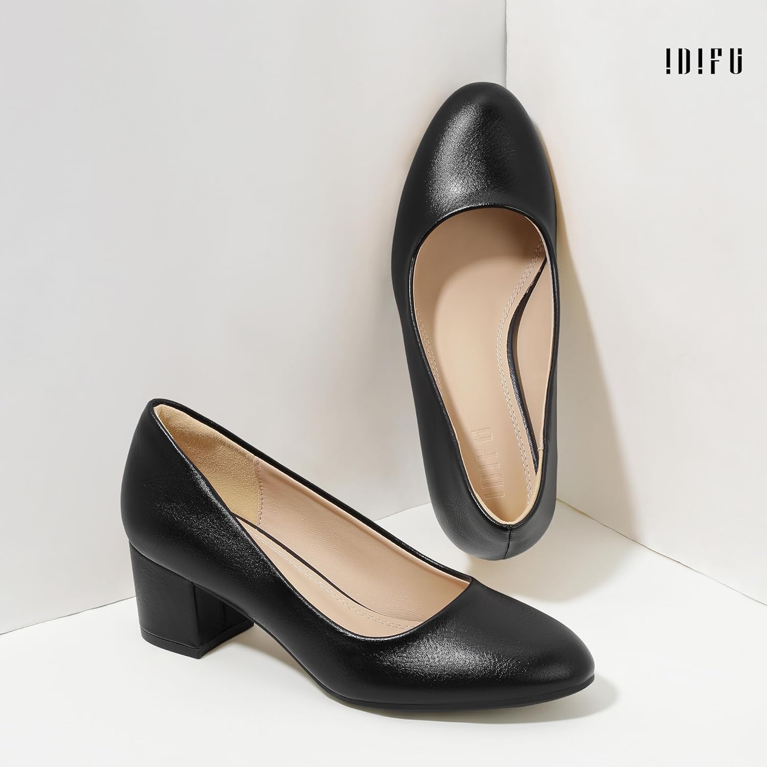 IDIFU IN2 Women's Pumps Closed Round Toe Low Block Chunky Heels Short Small Thick Heels Wedding Bridal Homecoming Work Prom Dress Shoes for Women Comfortable Cute Dressy Formal Classic Pumps Shoes