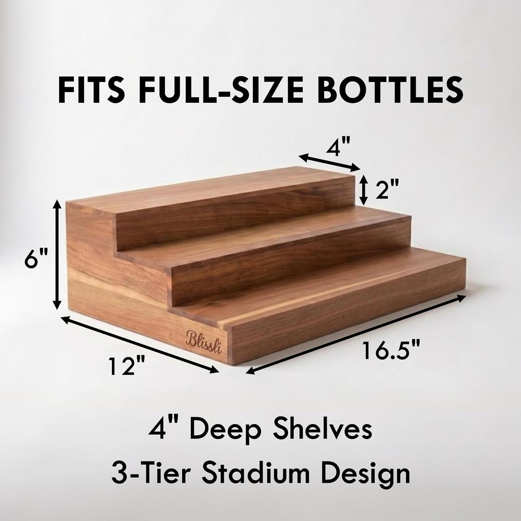 Premium Real Acacia Wood 3-Tier Liquor Bottle Display Shelf | No Assembly, Water Resistant, Extra Deep Steps, Bar Stand For Whiskey, Wine