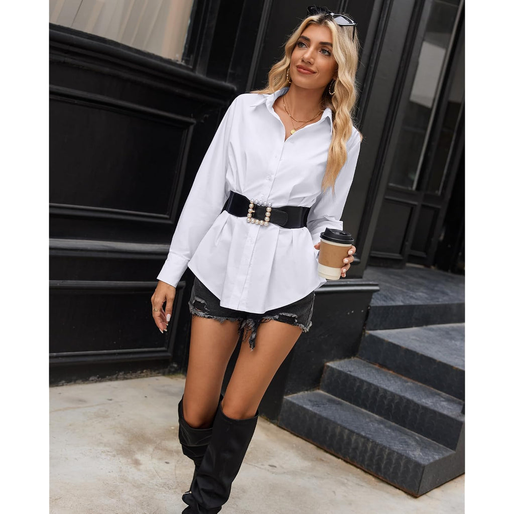 Siliteelon Button Down Shirts For Women Cinched Waist Dress Shirt Long Sleeve Cotton Blouse Business Casual Fitted Blouse Top